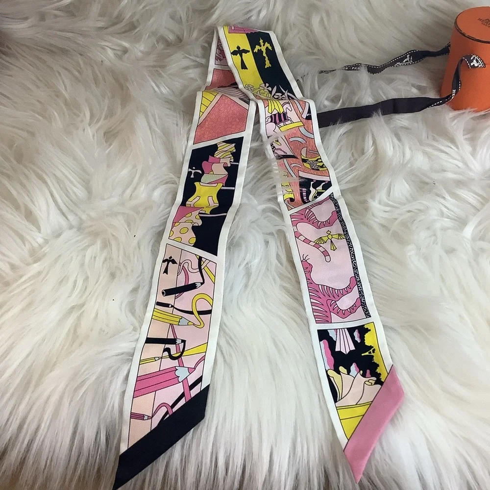 Hermes Pink & Yellow Silk Twilly Scarf - Picture 2 of 6